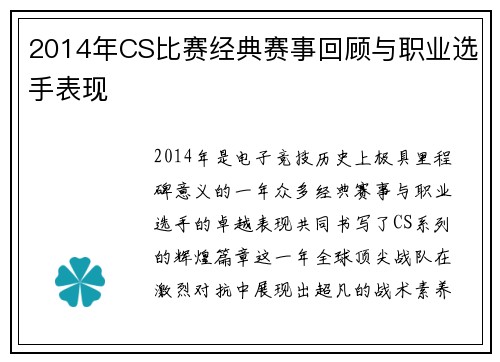 2014年CS比赛经典赛事回顾与职业选手表现
